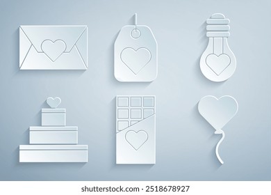 Set Chocolate bar, Heart shape in light bulb, Wedding cake with heart, Balloon form of, tag and Envelope Valentine icon. Vector