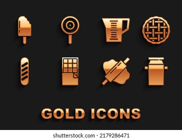 Set Chocolate bar, Homemade pie, Can container for milk, Rolling pin dough, French baguette bread, Measuring cup, Ice cream and Lollipop icon. Vector