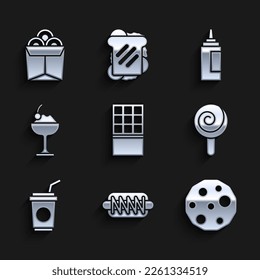 Set Chocolate bar, Hotdog sandwich, Cookie or biscuit, Lollipop, Paper glass with straw, Ice cream in bowl, Sauce bottle and Noodles box icon. Vector