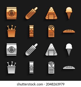 Set Chocolate bar, Ice cream in waffle cone, Bread loaf, Doner kebab, Chicken leg package box, Onigiri, Hard bread chucks crackers and French hot dog icon. Vector