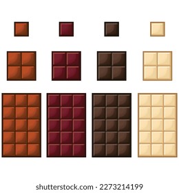 Un conjunto de barras de chocolate aisladas en un fondo blanco. Plantilla de colección de ilustraciones de diseño plano de dibujos animados. chocolate oscuro, chocolate blanco, chocolate con leche