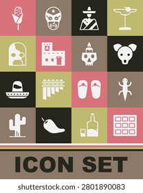 Set Chocolate bar, Lizard, Dog, Mexican man sombrero, house, wrestler, Corn and Burning candle on skull icon. Vector