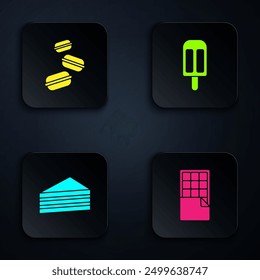 Set Chocolate bar, Macaron cookie, Cake and Ice cream. Black square button. Vector