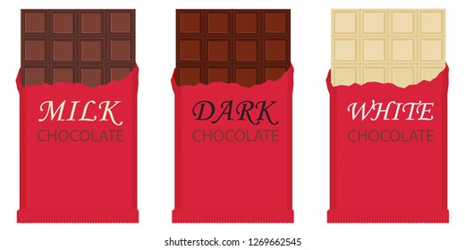 Set Of Chocolate Bar. Milk, dark and white chocolate bar. Vector illustration isolated on white background. 