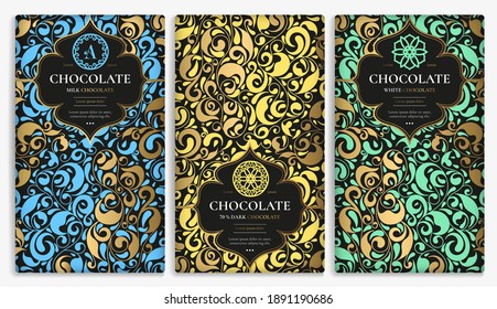 Set of chocolate bar packaging design in abstract style. Vector luxury template with ornament elements. Can be used for background and wallpaper. Great for food and drink package types.
