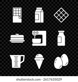 Set Chocolate bar, Paper package for milk, Waffle, Measuring cup, Ice cream waffle cone, Easter eggs, Cake and Electric mixer icon. Vector