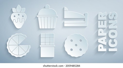 Set Chocolate bar, Piece of cake, Homemade pie, Cookie or biscuit, Cake and Strawberry in chocolate icon. Vector
