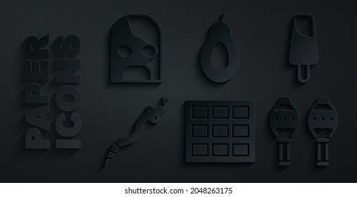 Set Chocolate bar, Popsicle ice cream, Snake, Maracas, Avocado and Mexican wrestler icon. Vector