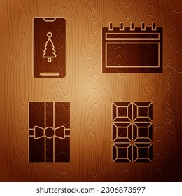 Set Chocolate bar, Smartphone with gift box, Gift box and Calendar on wooden background. Vector