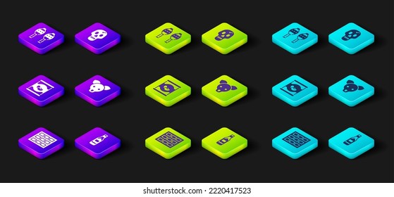 Set Chocolate bar, Tabasco sauce, Beans in can, Dog, Skull and Maracas icon. Vector