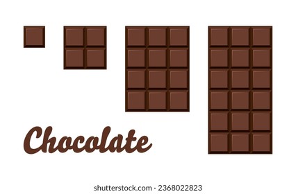 Set of chocolate bar. Yummy dark bitter milky choco part . Cacao sweet food design. Flat vector illustration isolated on white background.