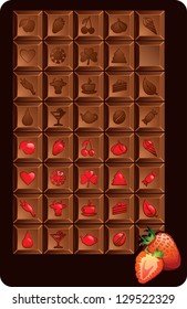 Set of chocolate bars with icons of food and holidays. Additional set with jelly filling and three-dimensional strawberry