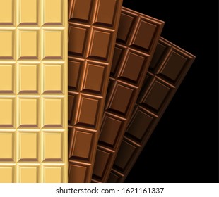 A set of chocolate bars with square patterns of different colors on a black background. 3D vector. High detailed realistic illustration