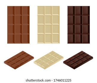 Set of chocolate bars in three colors, vertical and isometric.