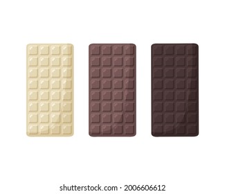 Set of chocolate bars. White, milk, and dark chocolate isolated on white background. Vector illustration