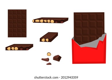 set of chocolate bars, wrapped, broken chocolate with nuts, fragments, pieces isolated on white. Vector illustration in flat style
