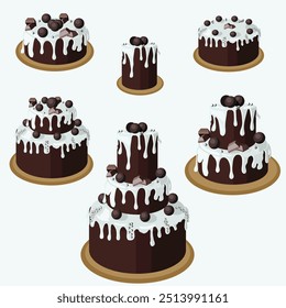 Set of chocolate cakes in cartoon style. Vector illustration isolated on white background.