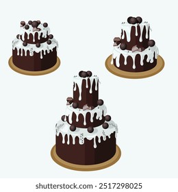 Set of chocolate cakes in cartoon style. Vector illustration isolated on white background.