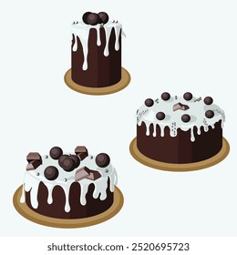 Set of chocolate cakes in cartoon style. Vector illustration isolated on white background.