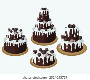 Set of chocolate cakes in cartoon style. Vector illustration isolated on white background.