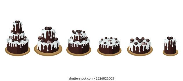 Set of chocolate cakes in cartoon style. Vector illustration isolated on white background.