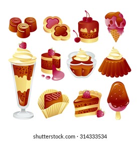 Set of chocolate cakes, desserts and sweet food icons
