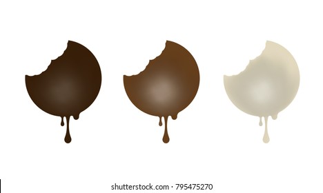 Set of chocolate candies in the shape of a circle. Dark, milk, white. Vector illustration.