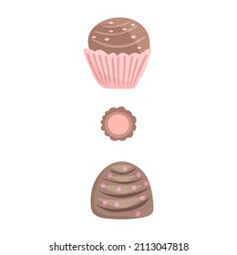 Un conjunto de velas de chocolate. Ilustración vectorial de dulces, comida de altas calorías, bocadillos. Presente para el día de San Valentín o el cumpleaños.