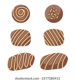 Set of chocolate candy with decorative design in cartoon style. Perfect for confectionery, dessert theme, sweet treat, gift idea or festive celebration.