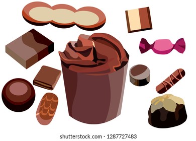 A set of chocolate candy icons, many different sweets