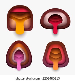Ponga rebanadas de dulces de chocolate con relleno aislado en fondo blanco. Concepto creativo 3d en el estilo de corte de papel de caricatura artesanal. Diseño luminoso mínimo de comida. Ilustración vectorial geométrica moderna.
