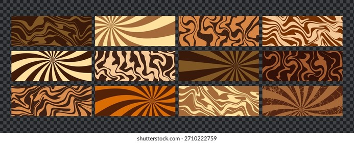 Conjunto de padrões de espiral de chocolate e caramelo com texturas cremosas e efeitos de ondas retro. Padrão de redemoinho de chocolate bg acrescenta profundidade de cacau e sabor doce para doces, padaria e projetos com tema de sobremesa.