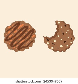Set of chocolate chip cookies.Chocolate drop cookies realistic vector top view. Bitten, broken, and vector illustration set svg