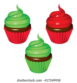 Set with Chocolate Christmas Cupcakes Isolated on White. Low Poly Realistic Vector Illustration.