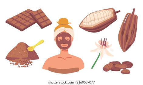 Set Chocolate and Cocoa Production Beans, Powder, Flower and Woman Relax with Cosmetics Mask. Sweets and Beauty Cosmetic of Chocolate Isolated on White Background. Cartoon Vector Illustration