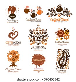 Set of chocolate, coffee logo. Cocoa icon, logo. Coffee logo handmade ink. Hot drinks and desserts labels and icons