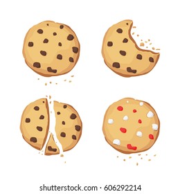 A set of chocolate cookies. Bitten, broken. Choco cookie icon. Vector illustration