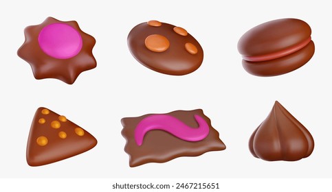 Set of chocolate cookies different form in realistic glossy vivid 3d style. Bright cute dessert vector illustration.