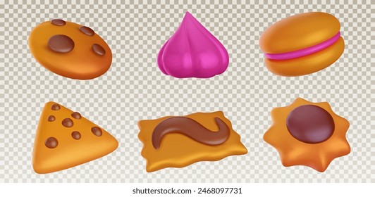 Set of chocolate cookies different form in realistic glossy vivid 3d style isolated on transparent background. Bright cute dessert vector illustration.