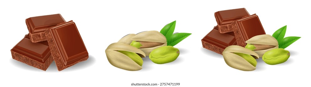 Set of chocolate cubes with pistachios isolated on transparent background. Realistic vector illustration of dessert ingredients for confectionery design, packaging and sweet food themes
