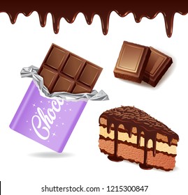 Set of chocolate desserts, chocolate bar in wrapper, pieces of chocolate, chocolate cake isolated on white background. Vector illustration in flat style.