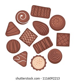 Set of chocolate desserts and candies. Chocolate candies collection. Vector illustration of different shapes and kinds of chocolate candies, isolated on white background.