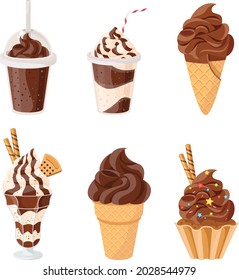 Set of chocolate desserts and drinks Cupcake, milkshakes, ice cream hot chocolate, coffee. vector illustrations