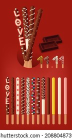 Set of chocolate dipped cookie sticks with various flavors of Pepero. Korean event Pepero Day November 11th.