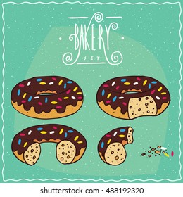 Set of chocolate donuts in different stages of eating, New, One bite, Part of donut, One piece with crumbs. Ornate lettering bakery. Handmade cartoon style. Vector illustration