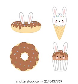 A set of chocolate donuts, ice cream and a cupcake with bunny ears.