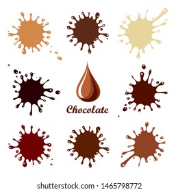 Set of chocolate drops and blots. Collection of brown splashes isolated on white background. Vector Illustration