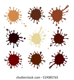Set of chocolate drops and blots. Collection of brown splashes isolated on white background. Vector Illustration