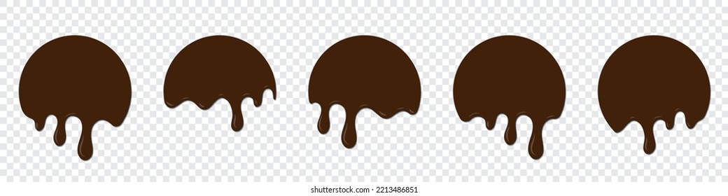 Juego de gotas de chocolate. Derrame chocolate fundido. chocolate fundido realista. Gotas de chocolate. Postre líquido marrón, derretimiento de goteo dulce. Ilustración del vector