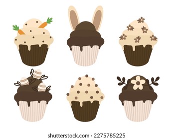 A set of chocolate Easter cupcakes. Vector easter cupcakes. Illustration of cute chocolate Easter cupcakes.